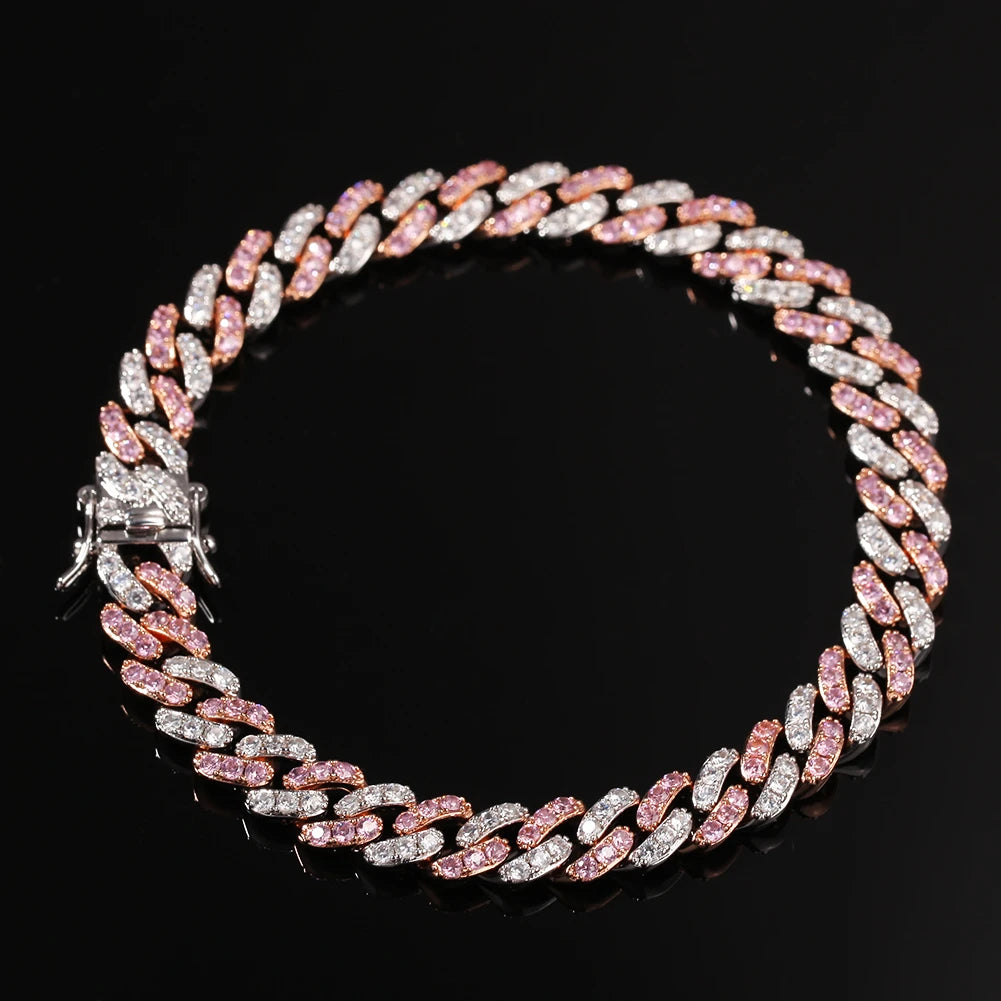 Bracelet 9mm Iced Out Rose Gold Silver Color Cuban Link With White & Pink Cubic Zirconia Jewelry