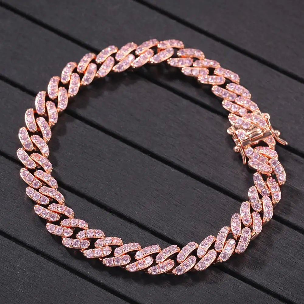 Bracelet 9mm Iced Out Rose Gold Silver Color Cuban Link With White & Pink Cubic Zirconia Jewelry