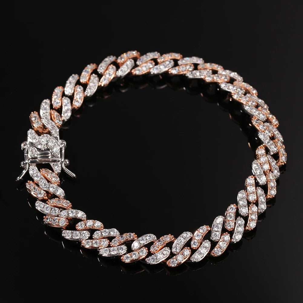 Bracelet 9mm Iced Out Rose Gold Silver Color Cuban Link With White & Pink Cubic Zirconia Jewelry