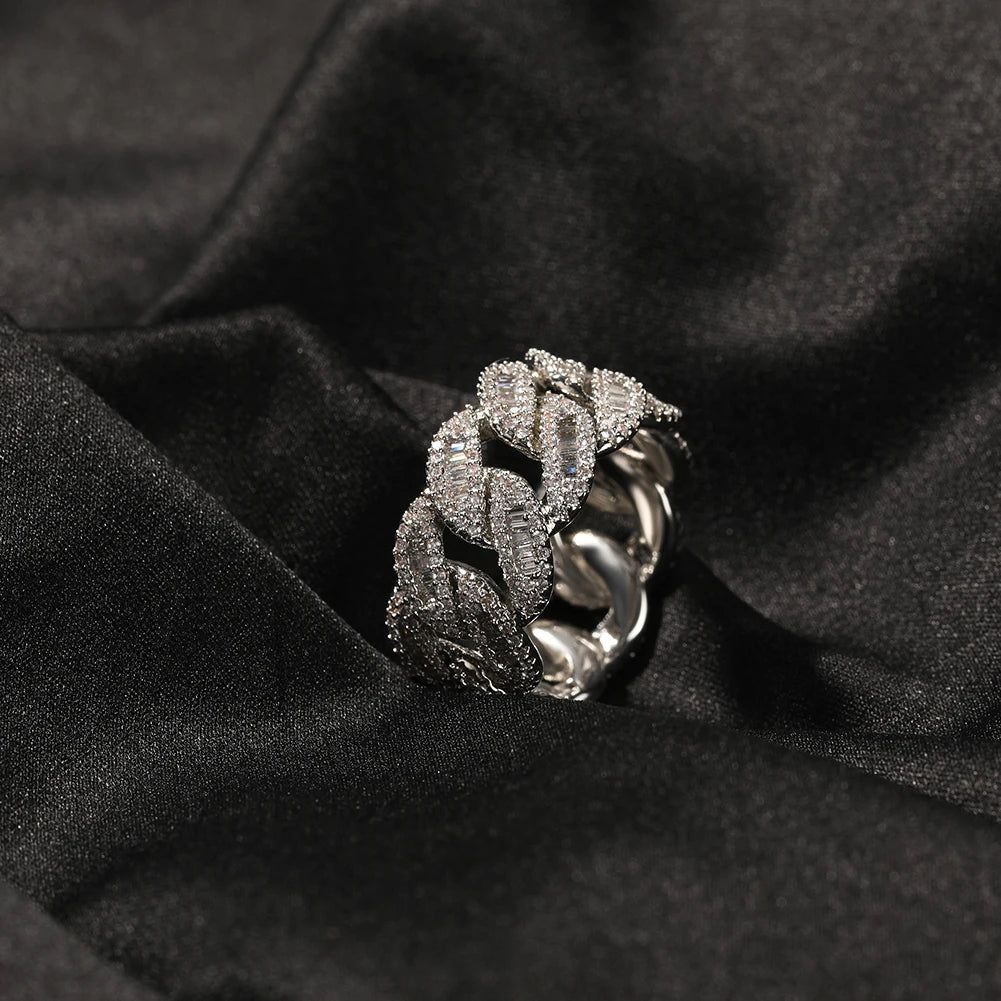 Cuban Link Rings Iced Out Baguettes Ring Zircon Silver Color Ring Jewelry