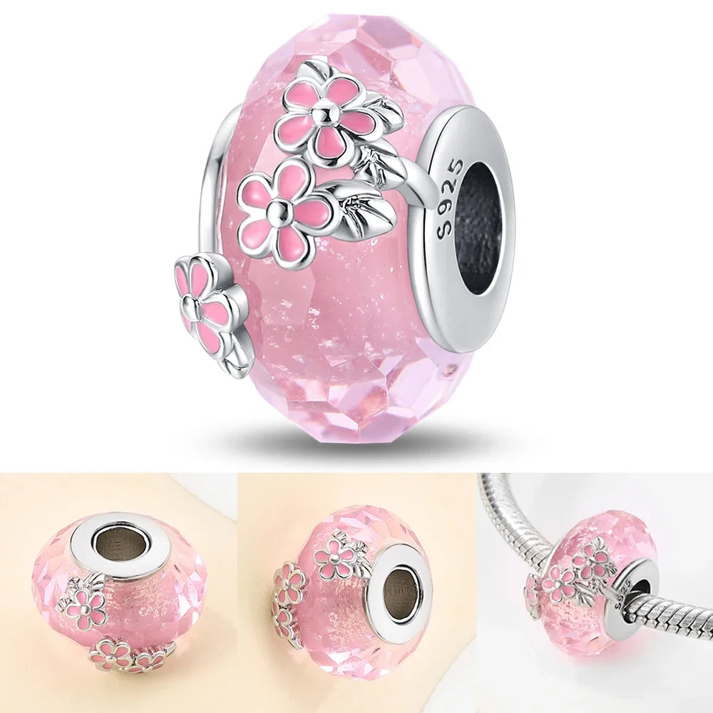 Colorful Flower Murano Glass Charm Fit Original Bracelet Necklace Heart Fine Jewelry