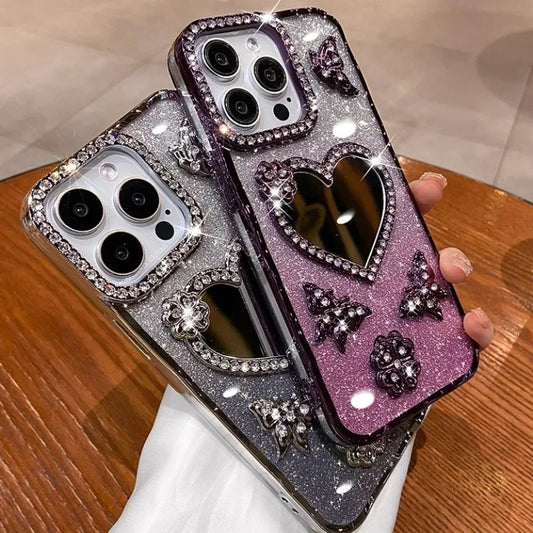 Bling Rhinestone Mirror Cover Case for iPhone 16 pro Max 15 plus Glitter Diamond Encrusted Butterfly Design Shockproof Anti-Knock
