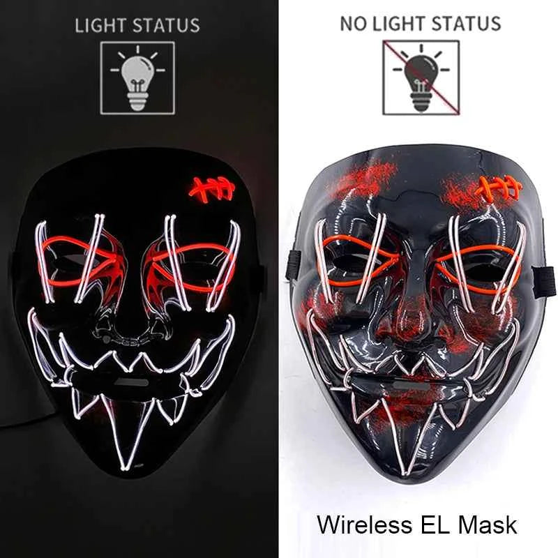 Neon LED Halloween Purge Mask Wireless Masquerade Party Light-up Horror Mask Glowing Multicolor Full Face Adult Mask for Halloween