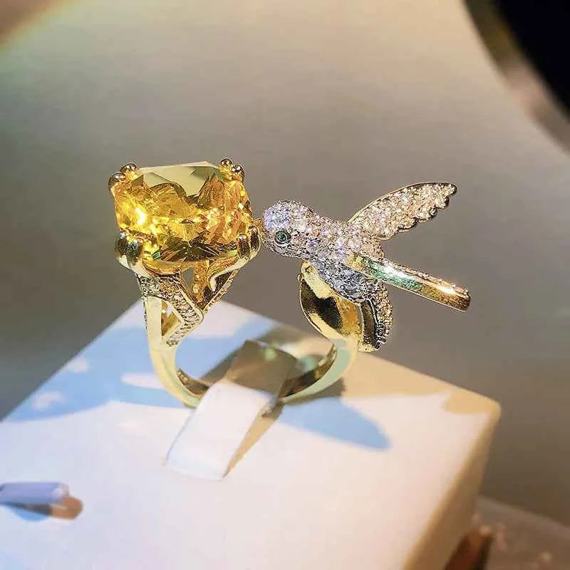Creative Colored Gemstone Women Aquamarine Hummingbird Ring 925