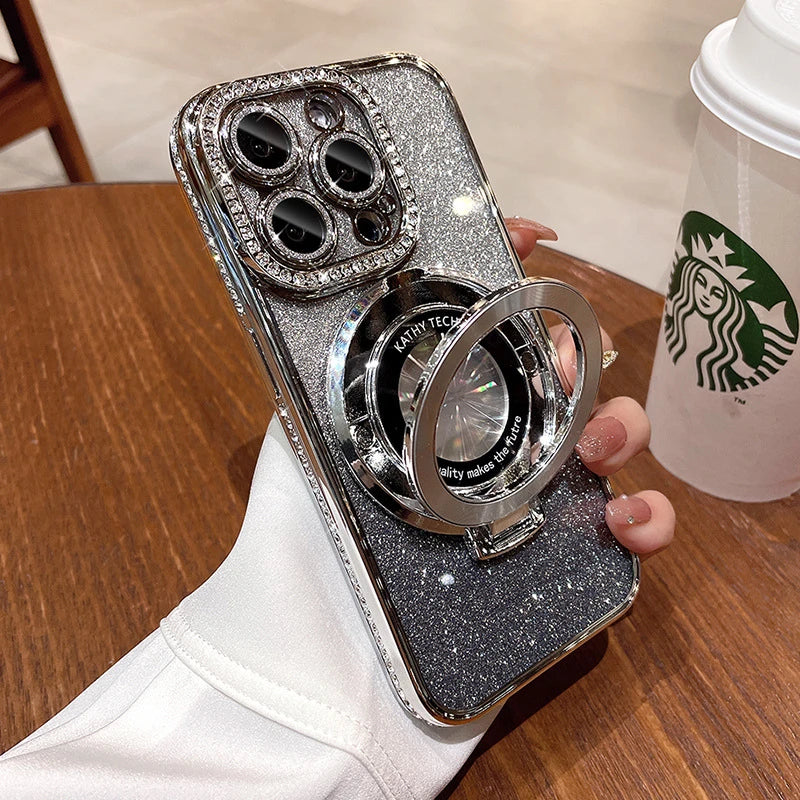 Glitter Diamond Luxury Plating Magsafe Stand Holder Soft Silicone Cover for iPhone Full Coverage Magnetic Case