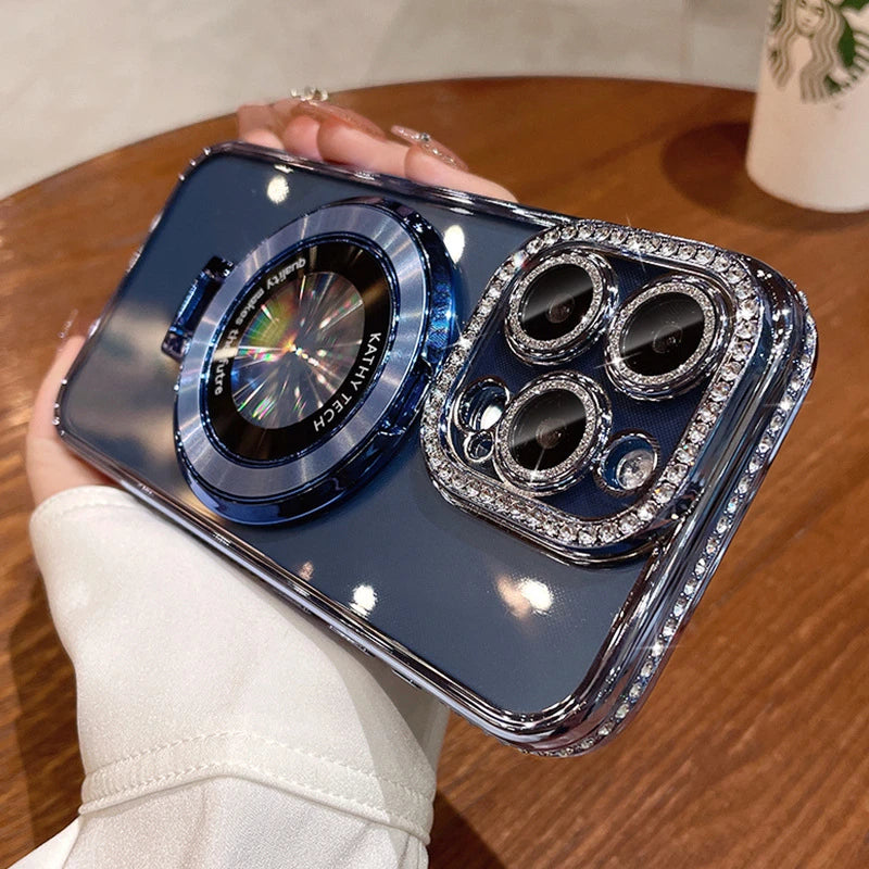 Glitter Diamond Luxury Plating Magsafe Stand Holder Soft Silicone Cover for iPhone Full Coverage Magnetic Case