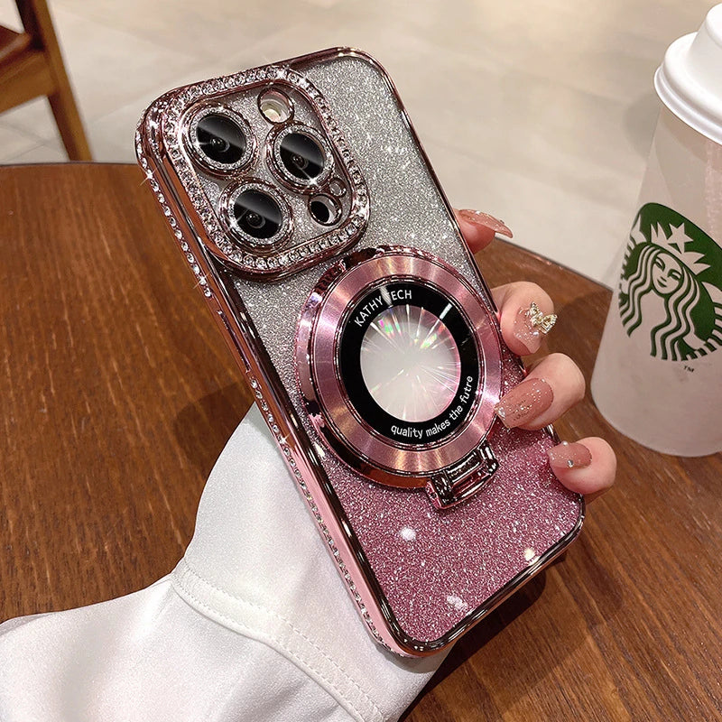 Glitter Diamond Luxury Plating Magsafe Stand Holder Soft Silicone Cover for iPhone Full Coverage Magnetic Case