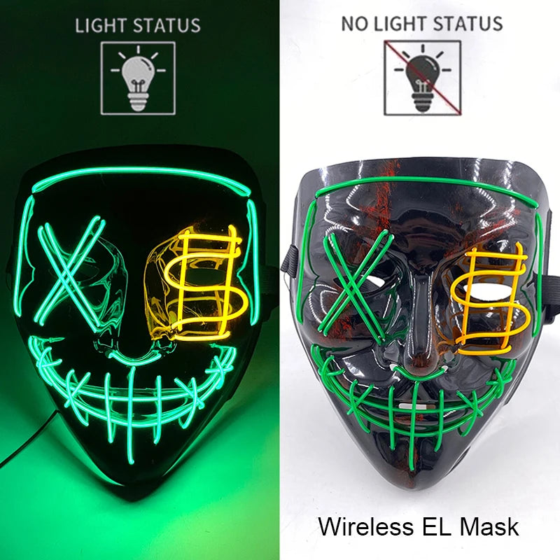 Neon LED Halloween Purge Mask Wireless Masquerade Party Light-up Horror Mask Glowing Multicolor Full Face Adult Mask for Halloween