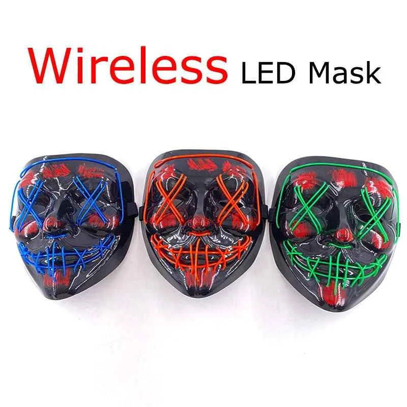 Neon LED Halloween Purge Mask Wireless Masquerade Party Light-up Horror Mask Glowing Multicolor Full Face Adult Mask for Halloween