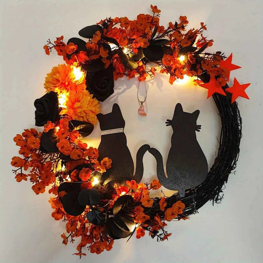 Black Cat Wreath Halloween Decor for Front Door/Window
