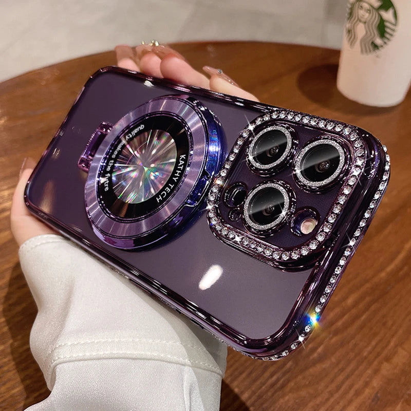 Glitter Diamond Luxury Plating Magsafe Stand Holder Soft Silicone Cover for iPhone Full Coverage Magnetic Case