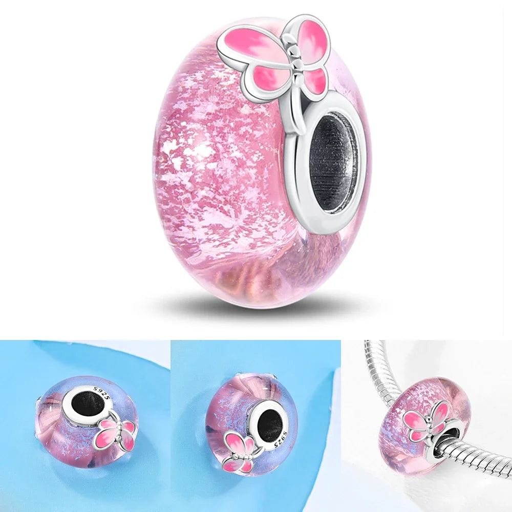 Colorful Flower Murano Glass Charm Fit Original Bracelet Necklace Heart Fine Jewelry