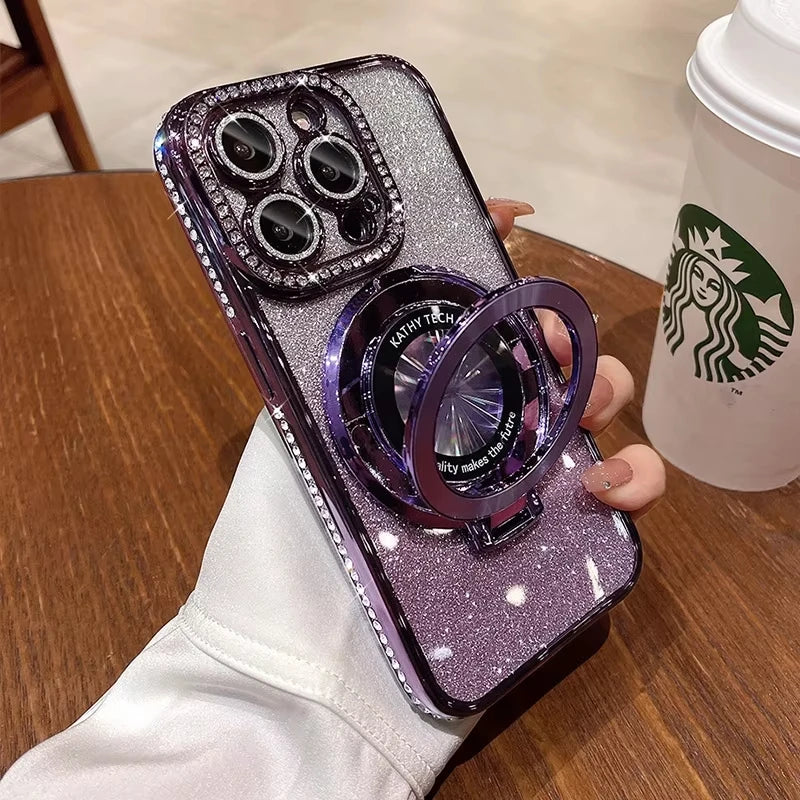 Glitter Diamond Luxury Plating Magsafe Stand Holder Soft Silicone Cover for iPhone Full Coverage Magnetic Case