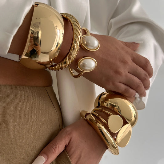 6 Styles Geometric Gold Color Cuff Spring Bangles Wide Hand Bracelets