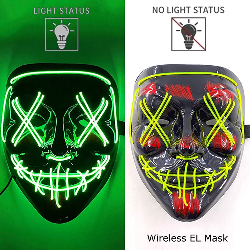 Neon LED Halloween Purge Mask Wireless Masquerade Party Light-up Horror Mask Glowing Multicolor Full Face Adult Mask for Halloween