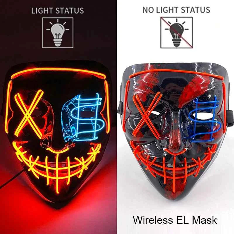 Neon LED Halloween Purge Mask Wireless Masquerade Party Light-up Horror Mask Glowing Multicolor Full Face Adult Mask for Halloween
