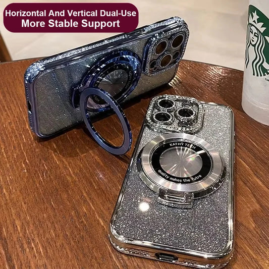 Glitter Diamond Luxury Plating Magsafe Stand Holder Soft Silicone Cover for iPhone Full Coverage Magnetic Case