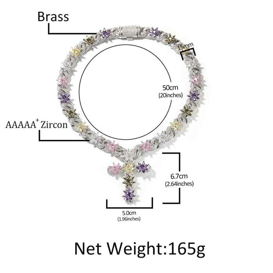 Colorful Flower Cuban Chain Full Paved Iced Out Bling Cubic Zirconia Cross Charms Baguette CZ Cuban Chain