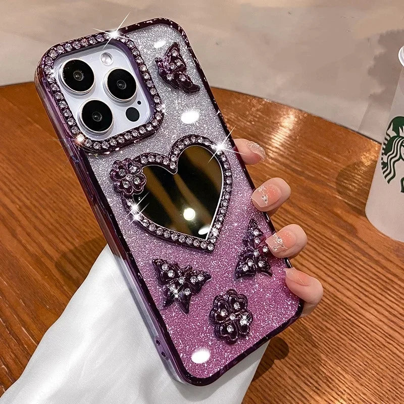 Bling Rhinestone Mirror Cover Case for iPhone 16 pro Max 15 plus Glitter Diamond Encrusted Butterfly Design Shockproof Anti-Knock