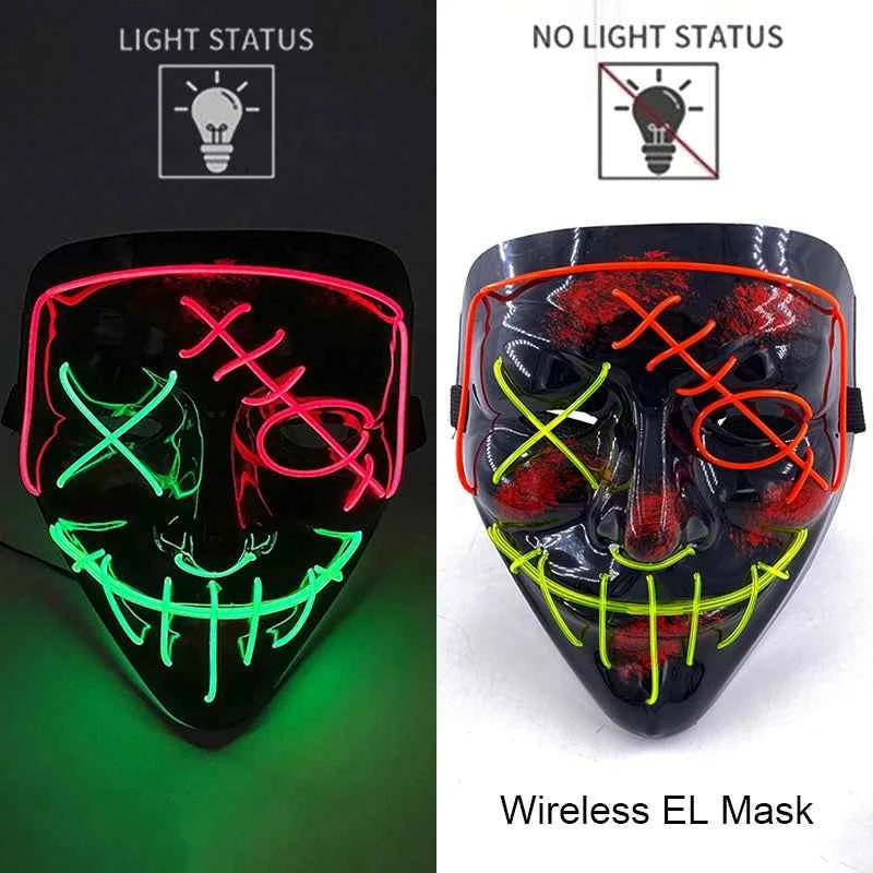 Neon LED Halloween Purge Mask Wireless Masquerade Party Light-up Horror Mask Glowing Multicolor Full Face Adult Mask for Halloween