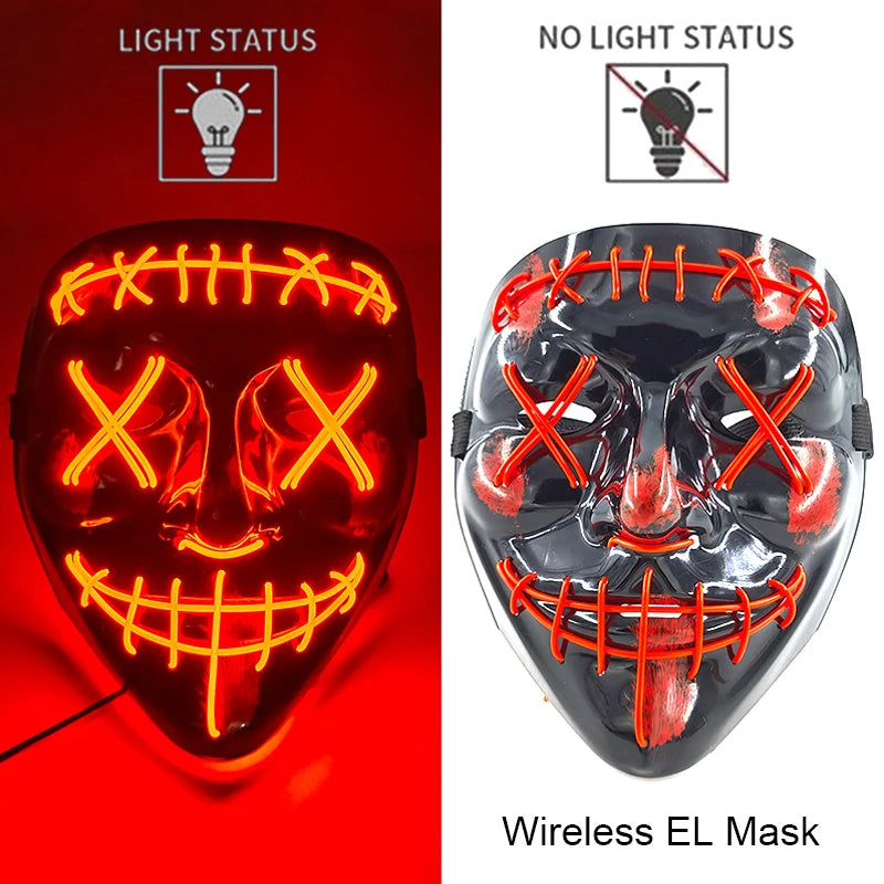 Neon LED Halloween Purge Mask Wireless Masquerade Party Light-up Horror Mask Glowing Multicolor Full Face Adult Mask for Halloween