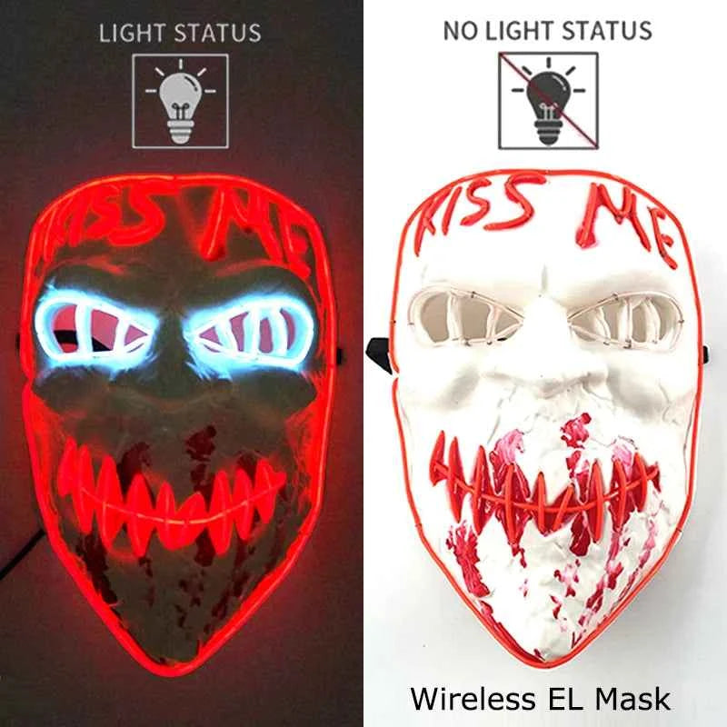 Neon LED Halloween Purge Mask Wireless Masquerade Party Light-up Horror Mask Glowing Multicolor Full Face Adult Mask for Halloween