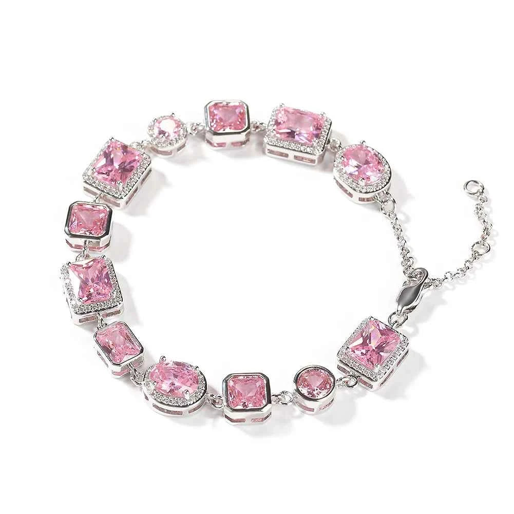 Iced Pink CZ Stones Tennis Bracelets with Extension for Women Slim Chain Bracelets