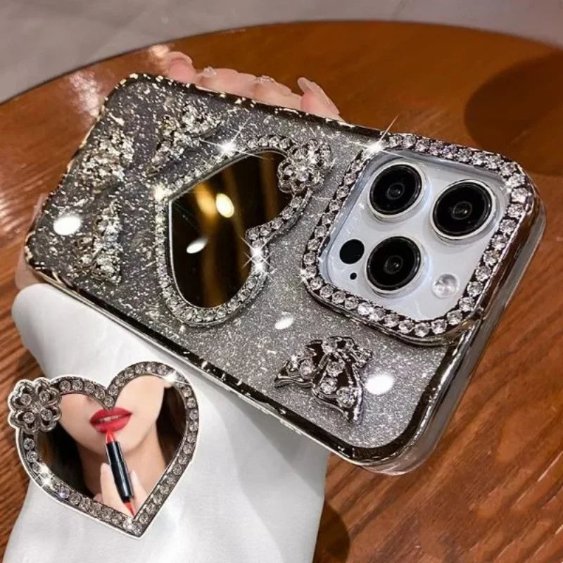 Bling Rhinestone Mirror Cover Case for iPhone 16 pro Max 15 plus Glitter Diamond Encrusted Butterfly Design Shockproof Anti-Knock