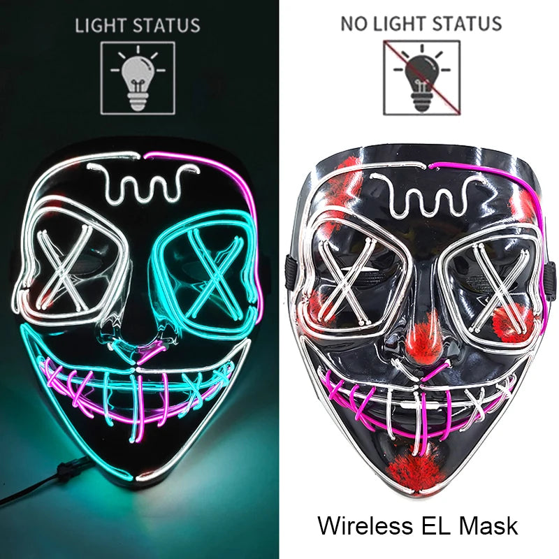 Neon LED Halloween Purge Mask Wireless Masquerade Party Light-up Horror Mask Glowing Multicolor Full Face Adult Mask for Halloween