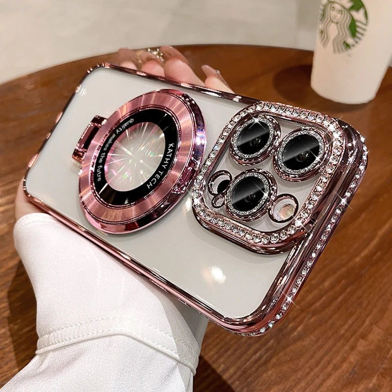 Glitter Diamond Luxury Plating Magsafe Stand Holder Soft Silicone Cover for iPhone Full Coverage Magnetic Case