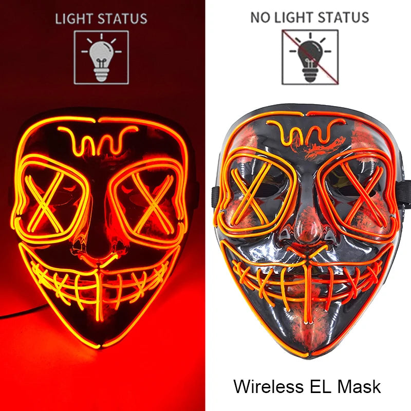 Neon LED Halloween Purge Mask Wireless Masquerade Party Light-up Horror Mask Glowing Multicolor Full Face Adult Mask for Halloween