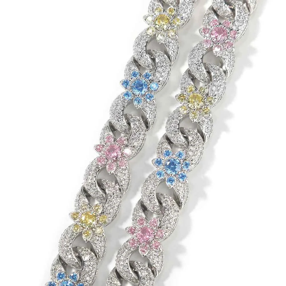 Colorful Flowers Cuban Chain Necklaces for Women Men CZ Infinity Chain Bracelets