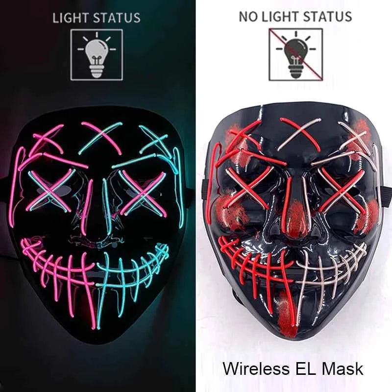 Neon LED Halloween Purge Mask Wireless Masquerade Party Light-up Horror Mask Glowing Multicolor Full Face Adult Mask for Halloween