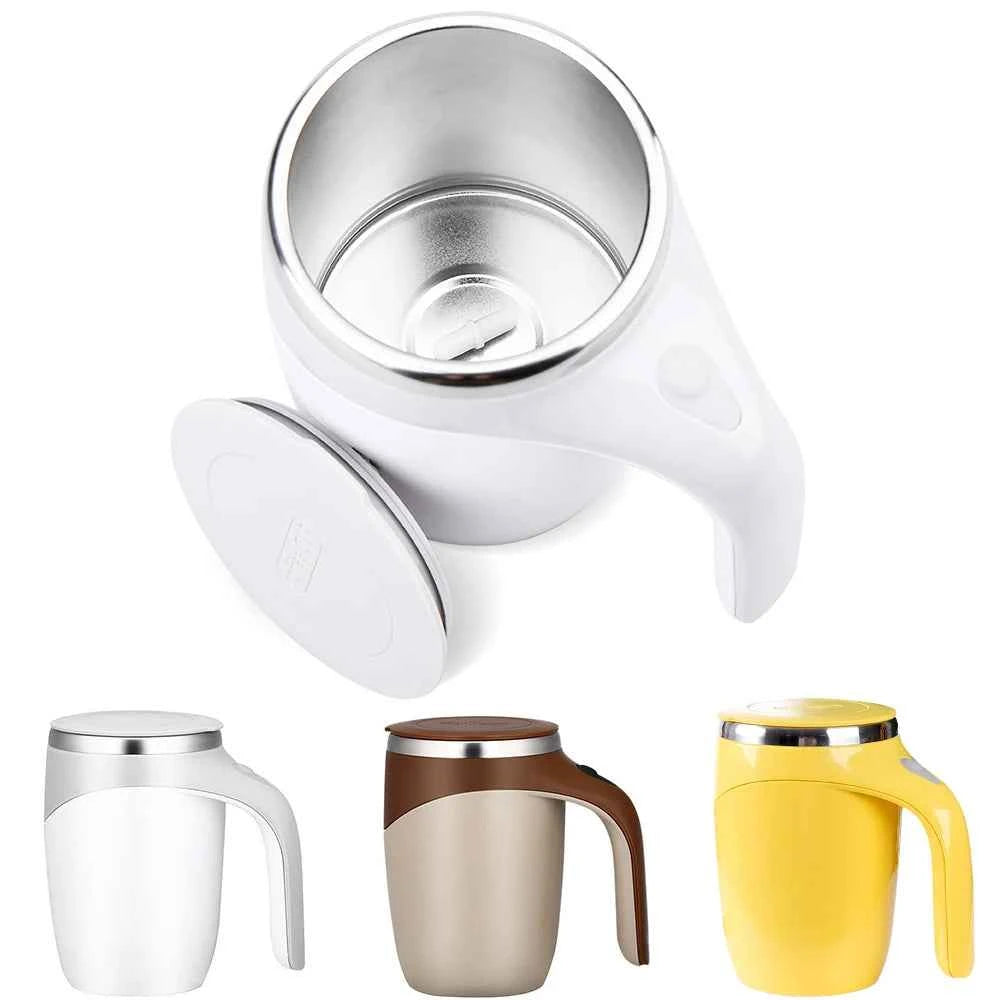 DFShop automatic self stirring coffee mug in white, silver, brown, and yellow colors with stainless steel interior
