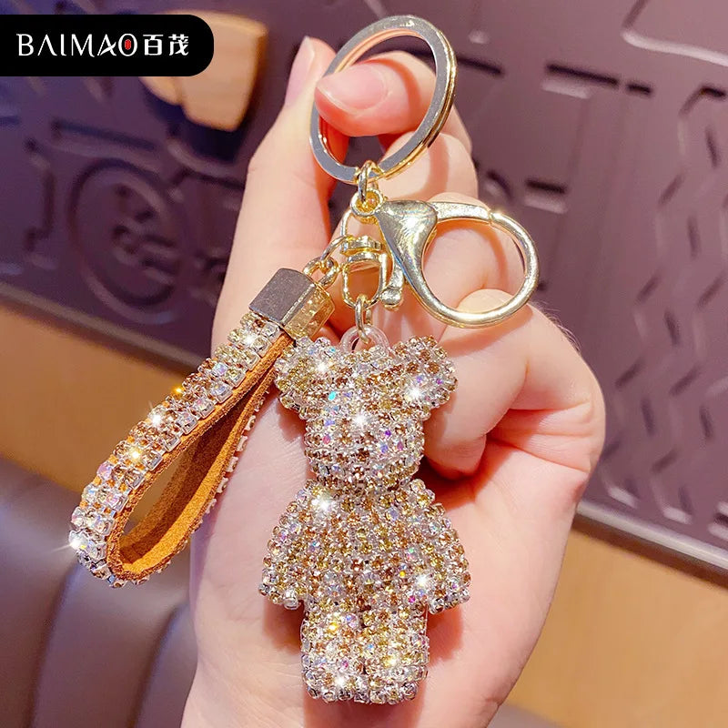 DFShop rhinestone bear keychain sparkling with crystals and attached brown strap