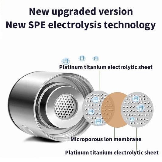 Hydrogen water bottle component showing new SPE electrolysis technology with platinum titanium electrolytic sheets and microporous ion membrane