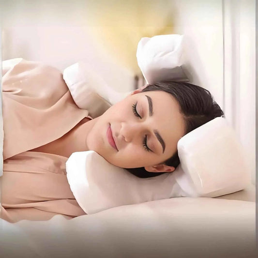 Woman sleeping comfortably using a white anti wrinkle sleep pillow with multiple support cushions