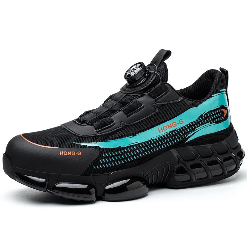 Black and teal HONG-G anti puncture non slip work boots with modern design and secure lacing