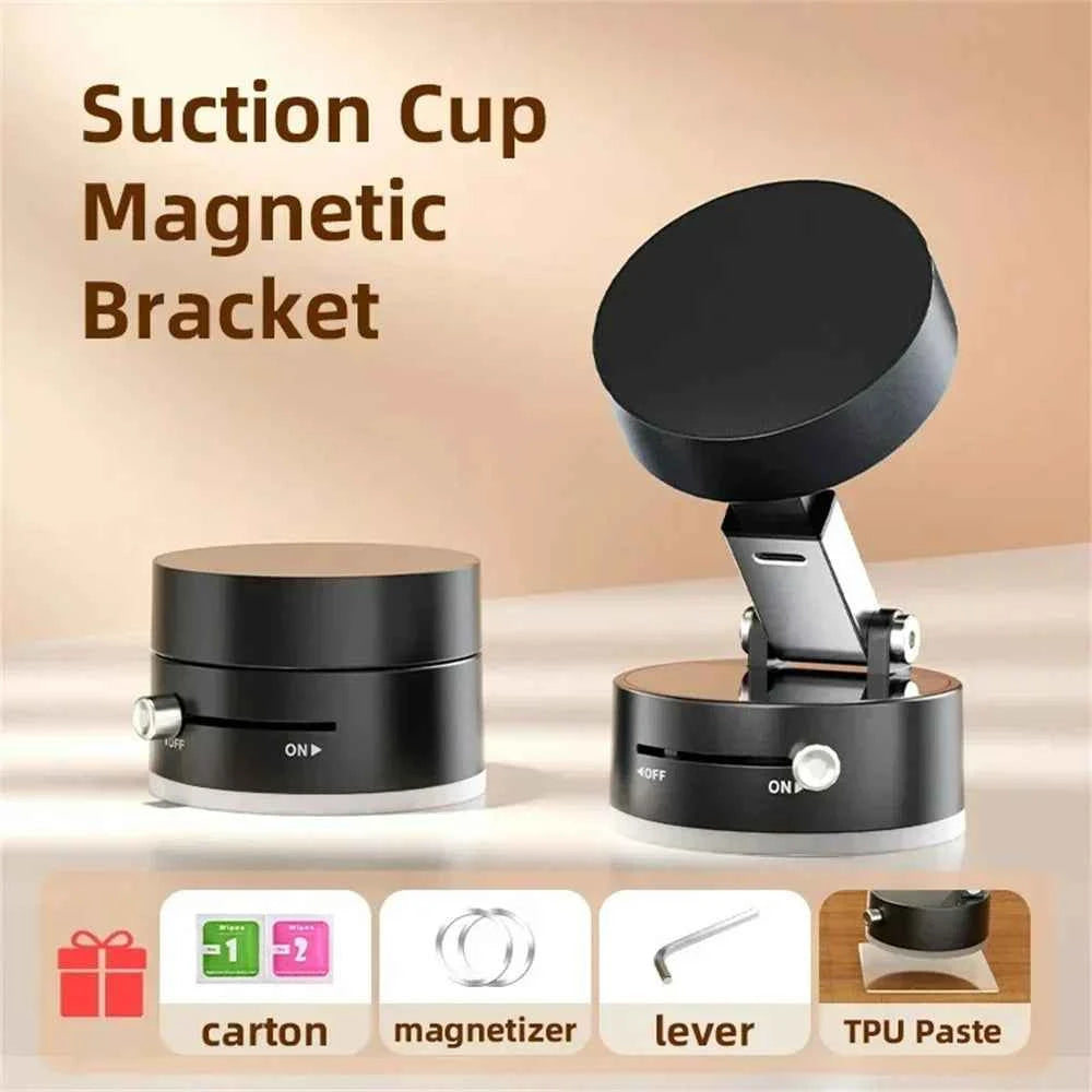 Portable magnetic phone holder with suction cup bracket and adjustable lever for secure phone mounting