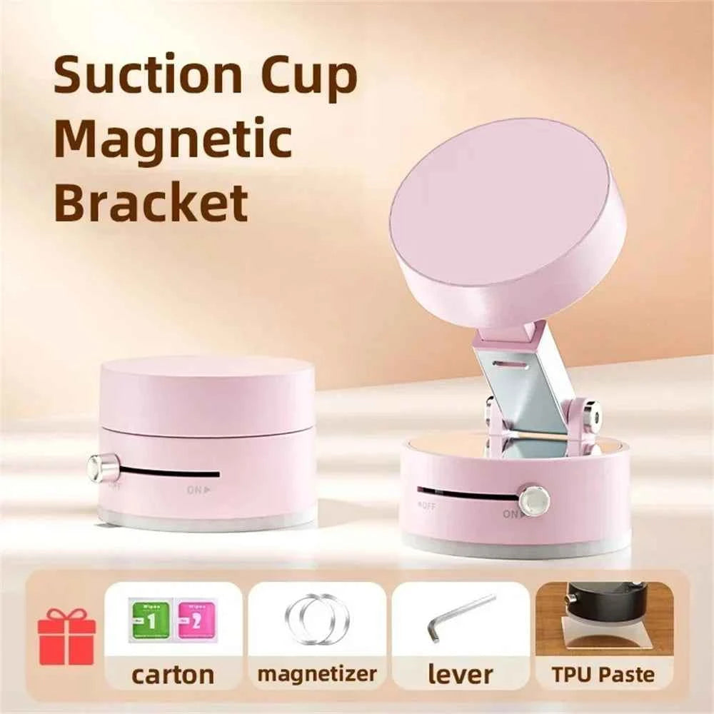 Pink suction cup portable magnetic phone holder with adjustable bracket and TPU paste for secure mounting