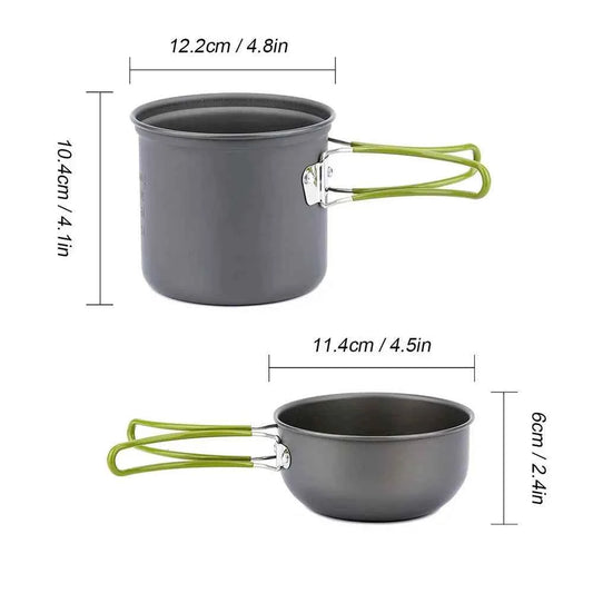 DFShop camping cookware kit with stove showing two lightweight grey pots with green folding handles and size dimensions