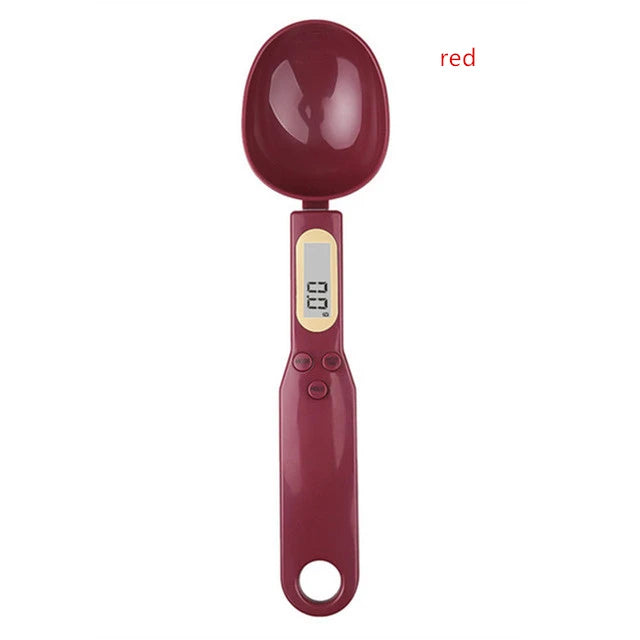 Red digital measuring spoon scale with LCD screen and buttons for precise ingredient measurement