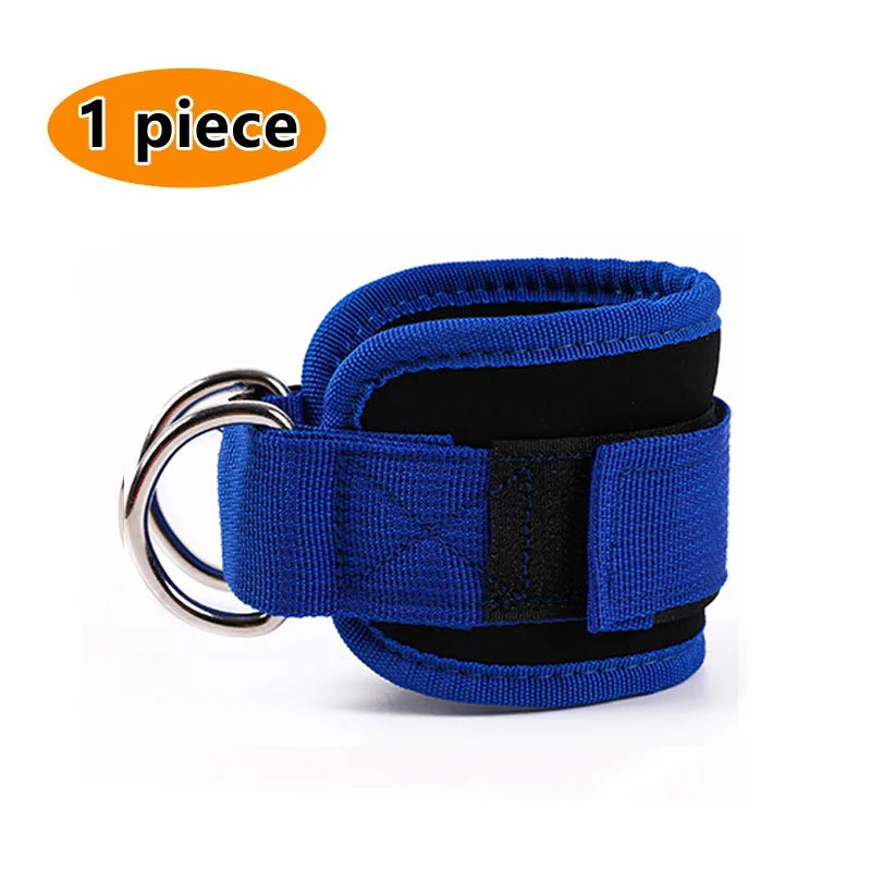 Blue double d-ring ankle straps for gym with adjustable Velcro closure for secure fit