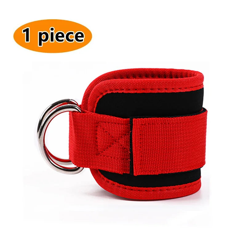 Red double d-ring ankle straps for gym with sturdy metal rings and adjustable hook and loop closure