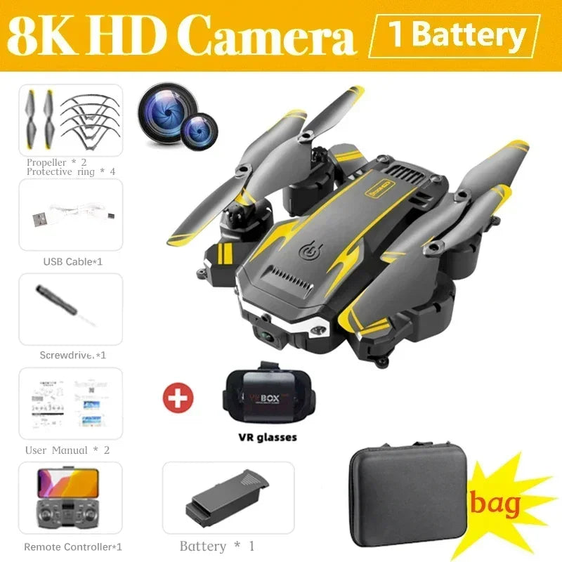 Dual camera aerial photography drone with 8K HD camera, remote controller, VR glasses, extra battery, and carrying bag
