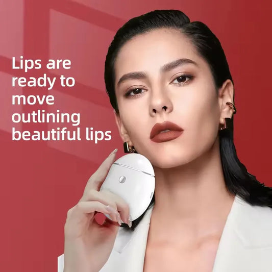 Woman using a white electric lip plumper device by DFShop on red background