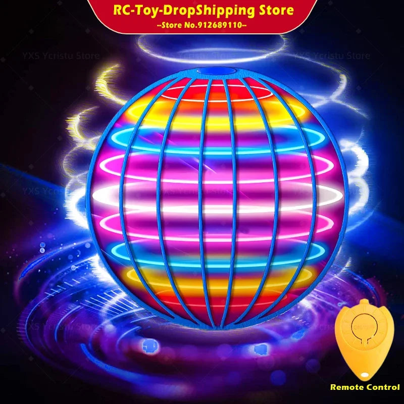 Colorful flying orb ball toy with glowing rings and remote control for interactive play