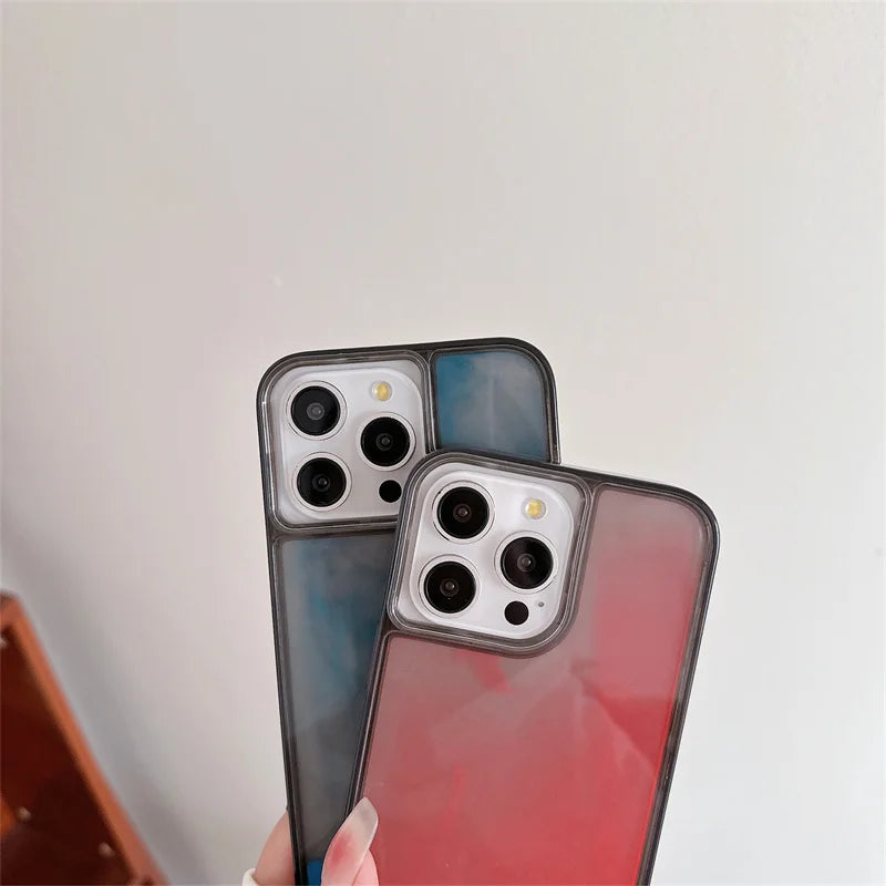 Two iPhones with luminous sand iPhone case in pink and blue colors showing camera cutouts