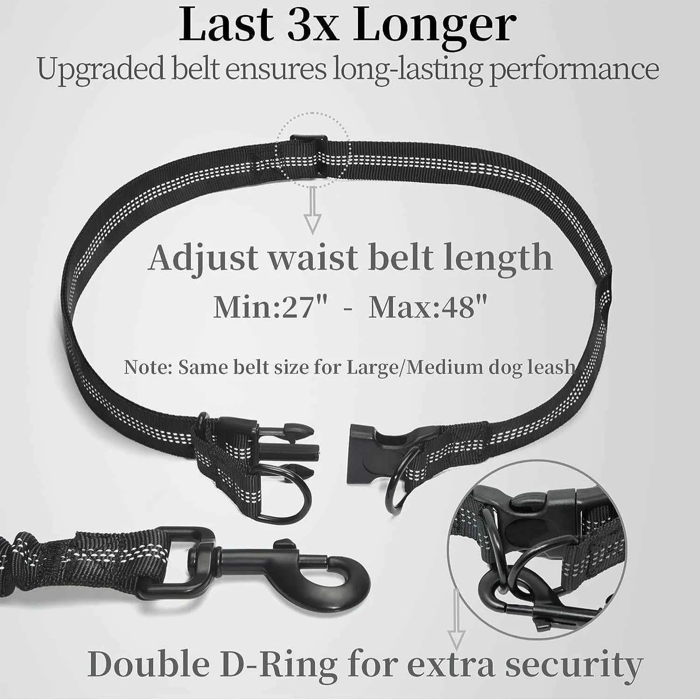 Black adjustable hands free dog leash with pouch waist belt featuring double D-ring for extra security