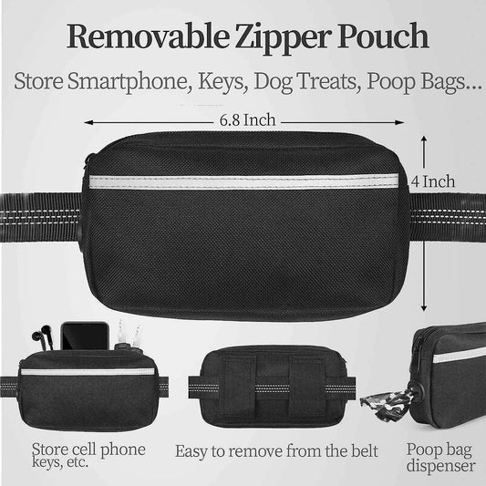 Hands free dog leash with pouch featuring a removable zipper pouch for phone keys and poop bags